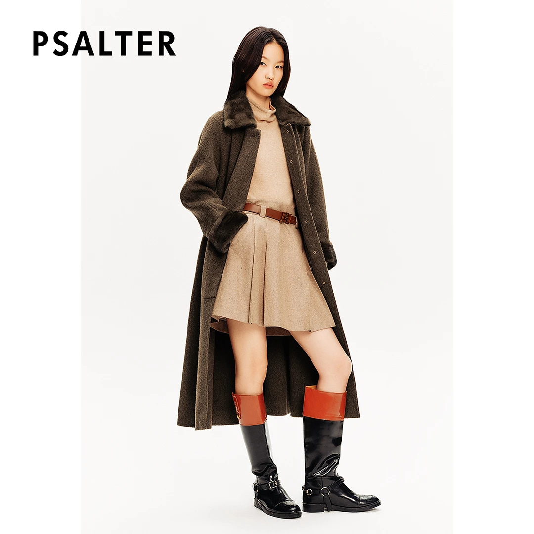 PSALTER诗篇时尚水貂领拼接袖口长款双面毛呢大衣外套冬款