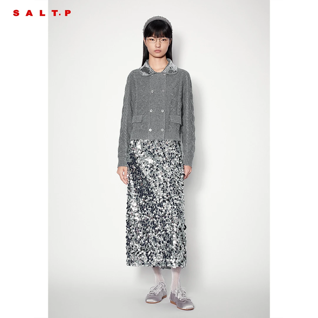 【羊毛混纺】SALT.P可颜细闪珠片翻领扭花肌理毛针织衫冬