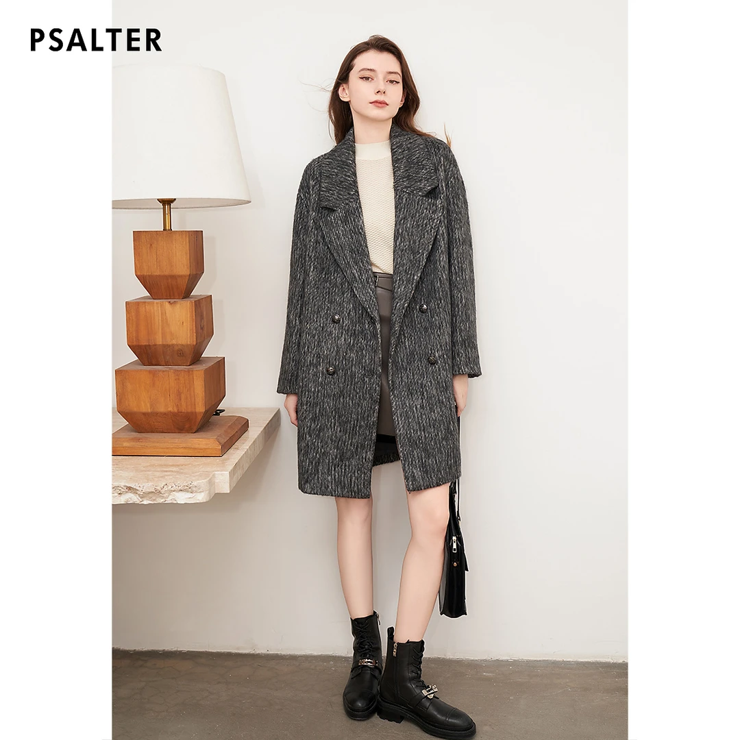 诗篇专选定染混色杂花肌理简约直筒绒感呢大衣毛呢外套冬季款