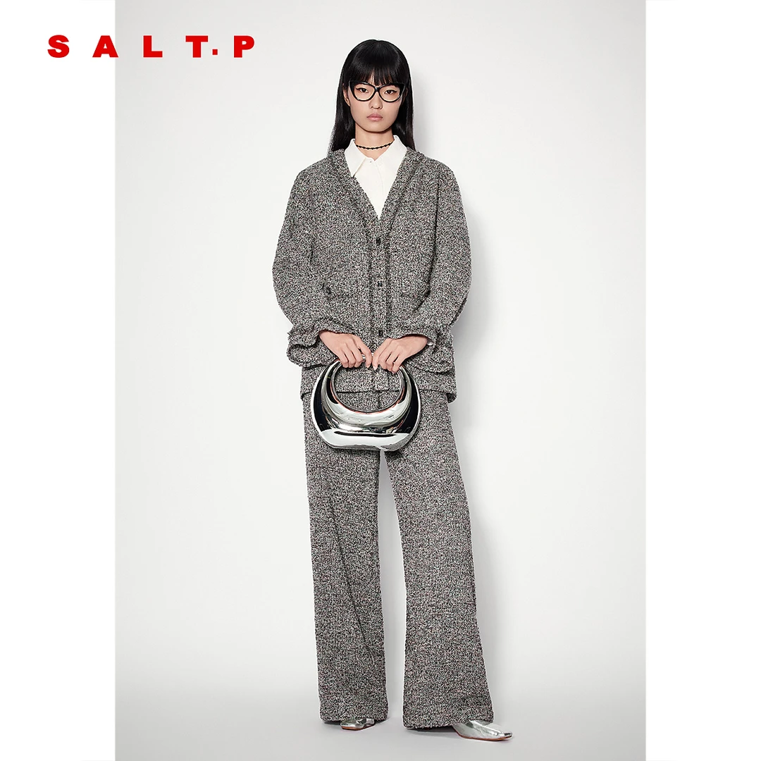 SALT.P可颜混色花纱毛边肌理慵懒松弛感v领开衫外套冬