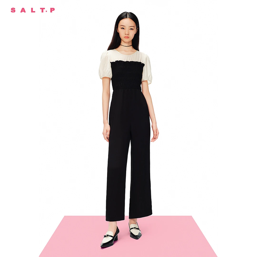 【醋酸】SALT.P可颜圆领泡泡袖黑白撞色拼接收腰春夏游出行衣服