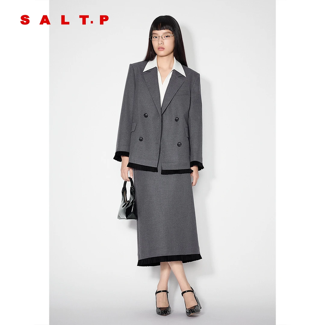 SALT.P可颜格雷系烟灰撞边压褶双排扣西装女外套2025春新款