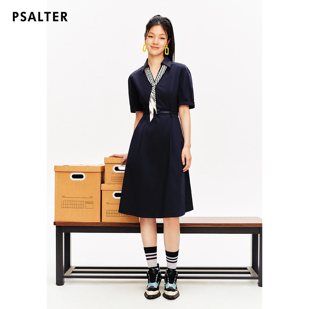 诗篇专选可拆条纹丝巾翻领腰带收腰连衣裙夏款