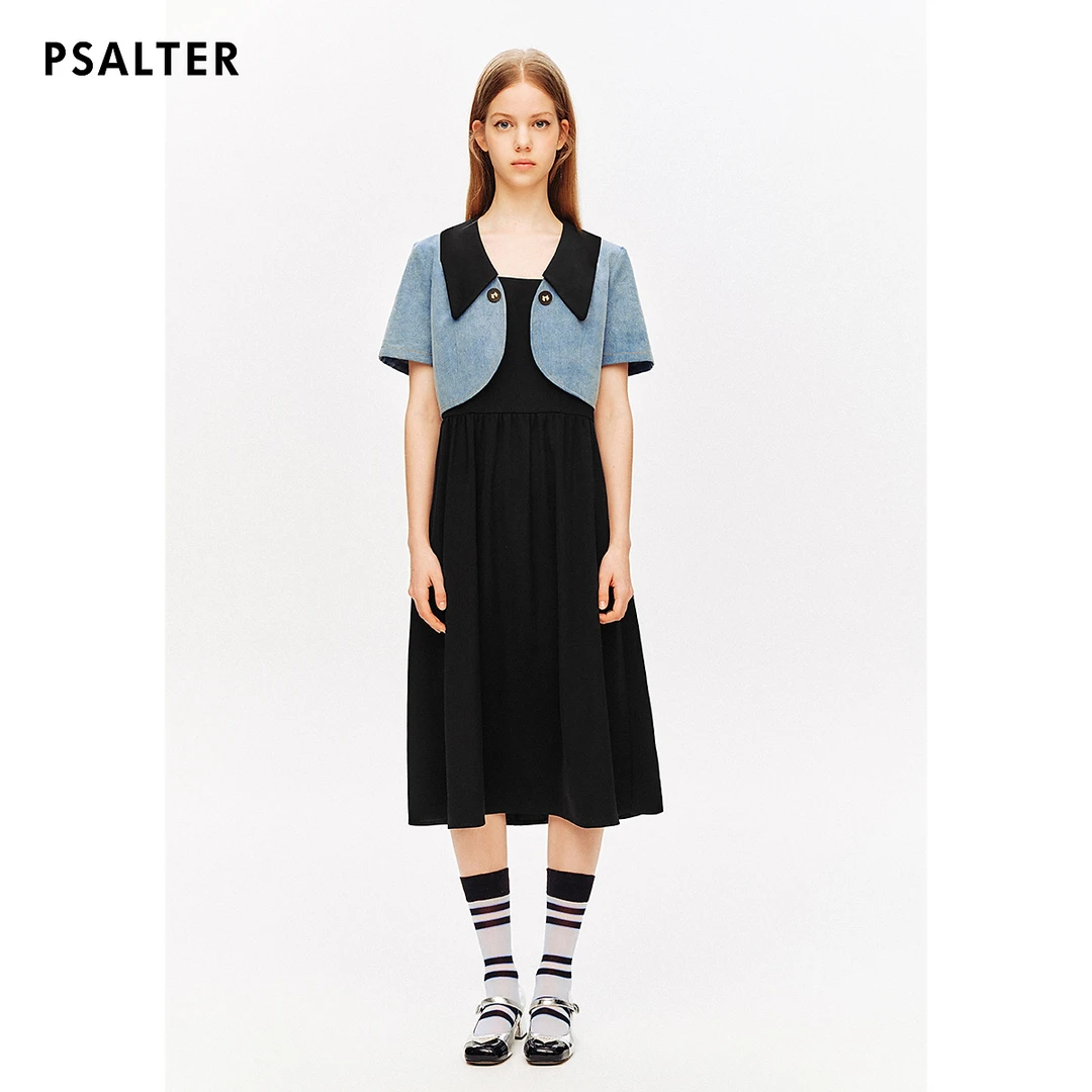 唯独PSALTER诗篇专选撞色翻领牛仔外套黑色吊带连衣裙两件套夏款