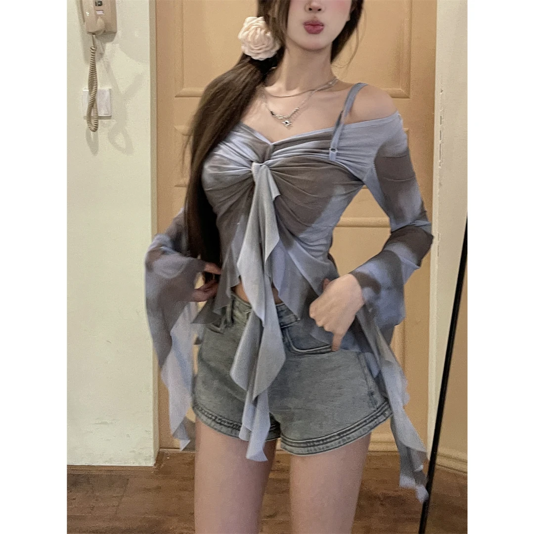 实拍实价~ 美式荷叶边V领扭结扎染网纱短款修身显瘦掐腰长袖衬衫