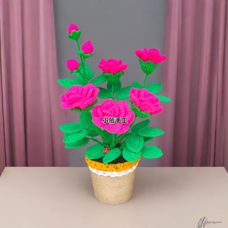 小薇手工手工钩织成品带盆毛线花玫瑰花盆栽仿真花绿色装饰摆件