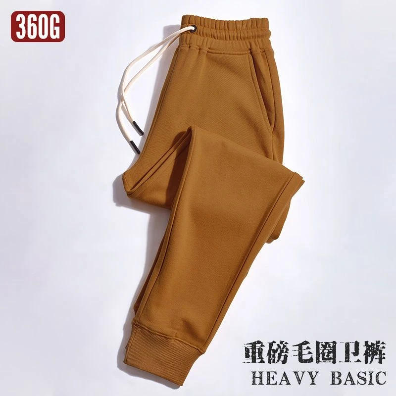 360G重磅焦糖色春秋款运动卫裤男士简约款复古黄色宽松百搭休闲裤
