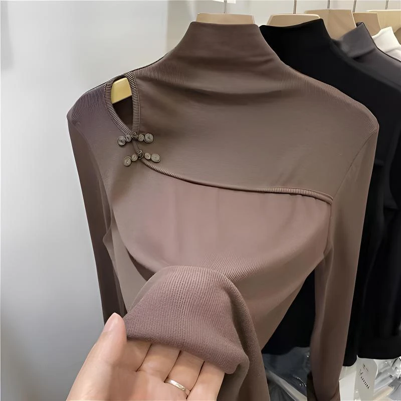 半高领镂空露肩国风纽扣长袖t恤2025秋冬新款修身打底衫女上衣潮