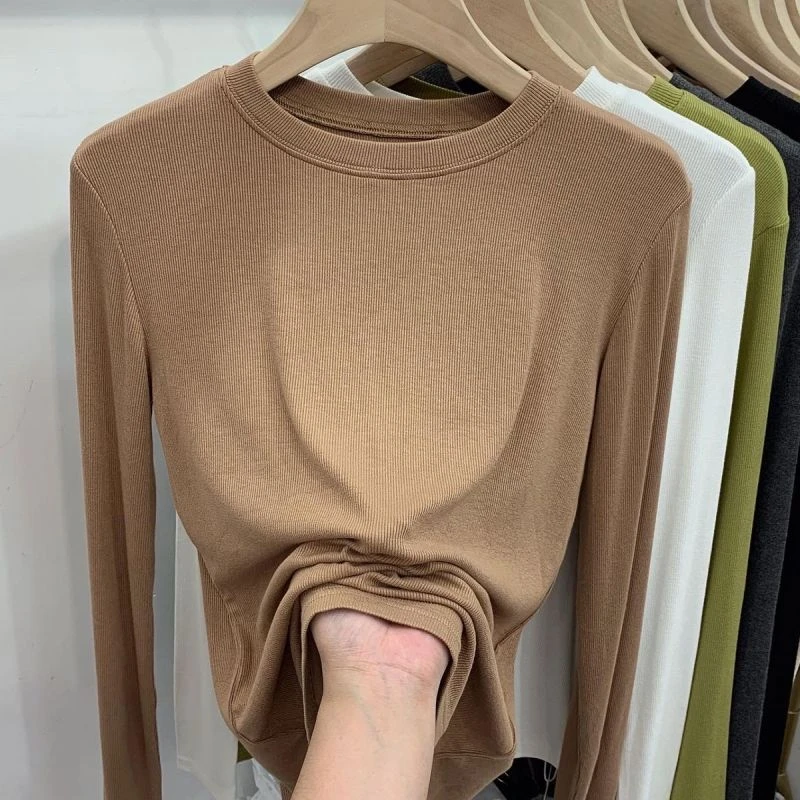 螺纹长袖纯色圆领T恤女2024年秋冬季新款修身洋气上衣打底衫女潮