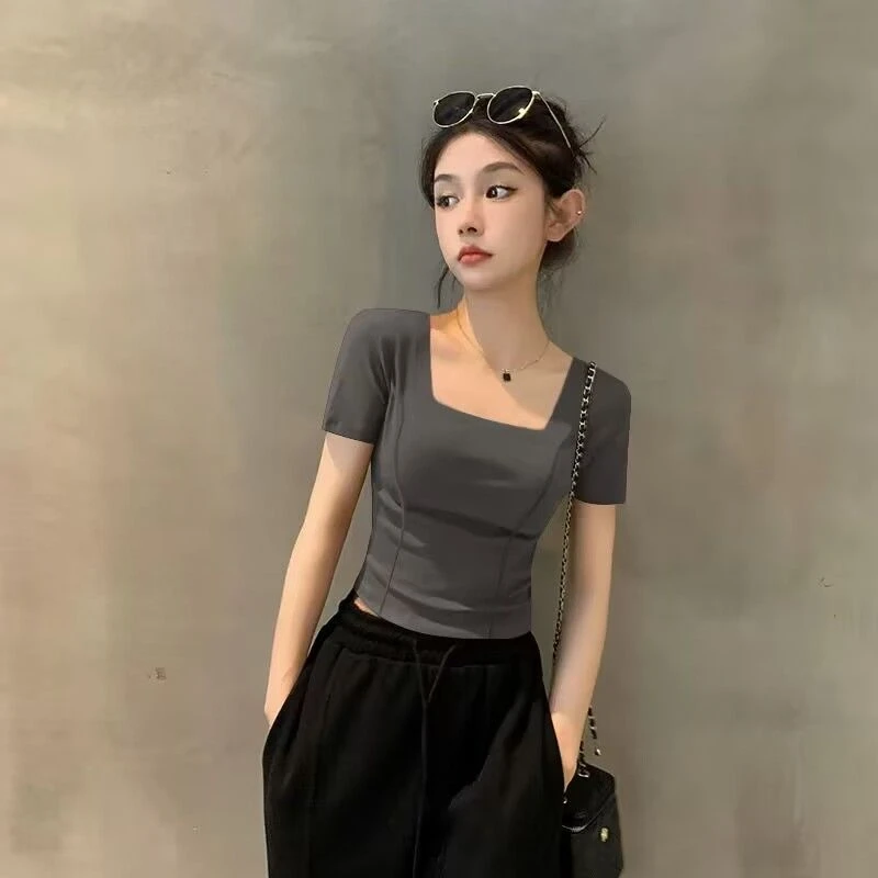 夏季新款方领时尚短袖T恤女紧身短款螺纹鱼骨正肩修身显瘦上衣潮
