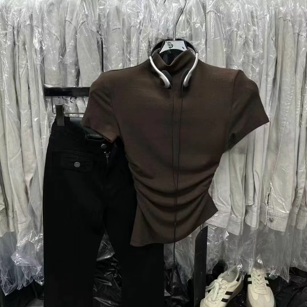 2025秋季新款T恤不规则褶皱收腰半高领短袖修身显瘦打底上衣女潮