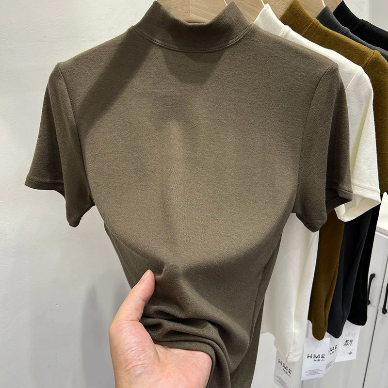 气质半高圆领短袖T恤女2025早秋新款纯色百搭修身显瘦打底衫上衣