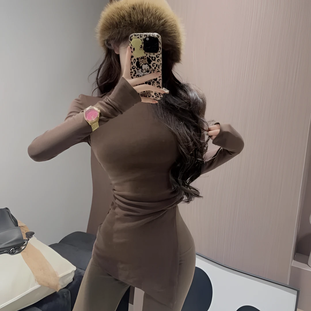 韩版复古设计感不规则圆领长袖t恤女2024秋冬新款气质修身上衣ins