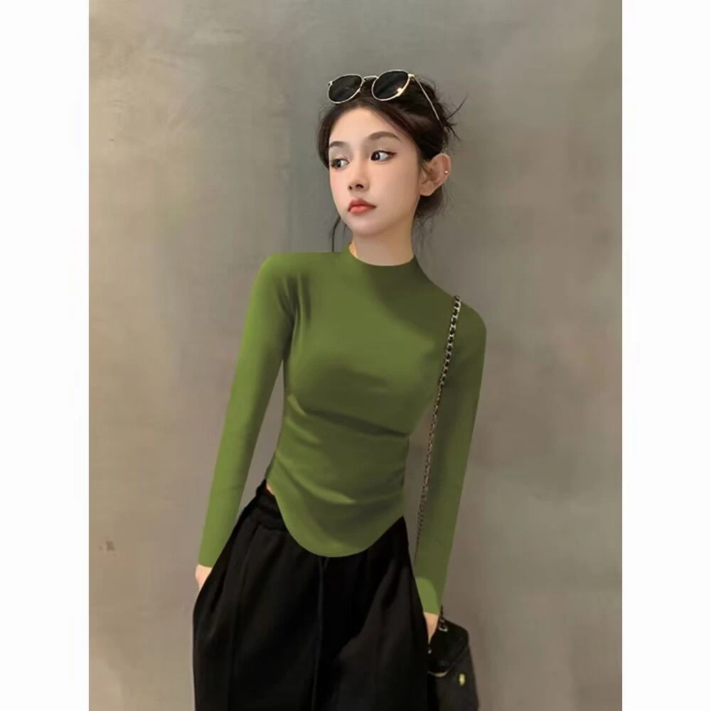秋冬新款设计感半高领修身显瘦长袖打底衫女弧形下摆百搭洋气上衣