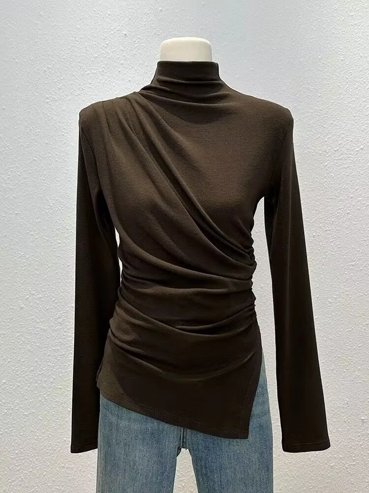 2025秋冬设计感半高领长袖t恤女洋气内搭修身打底衫侧开叉上衣潮