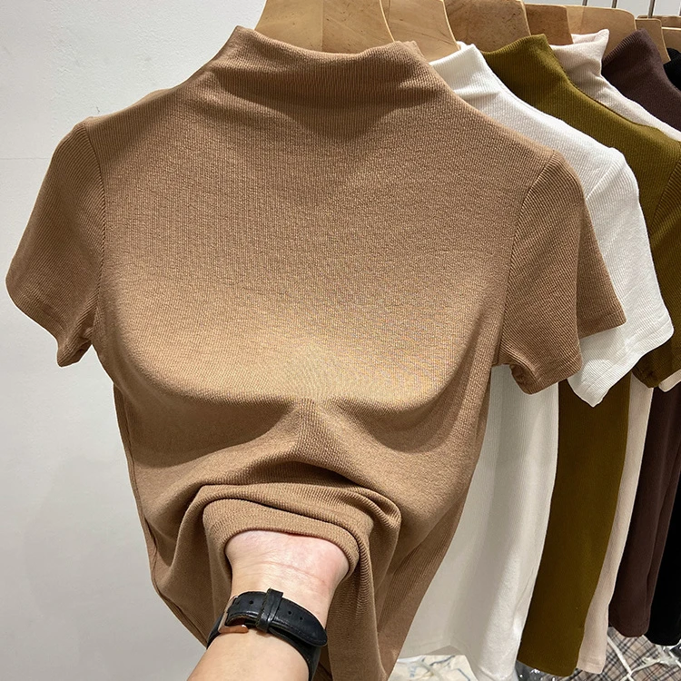气质半高领螺纹短袖t恤女春秋新款修身显瘦内搭打底衫ins正肩上衣