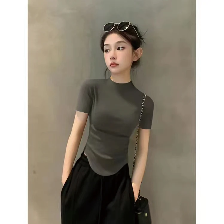 2025夏季半高领短袖打底衫女弧形下摆欧货设计感紧身百搭显瘦上衣