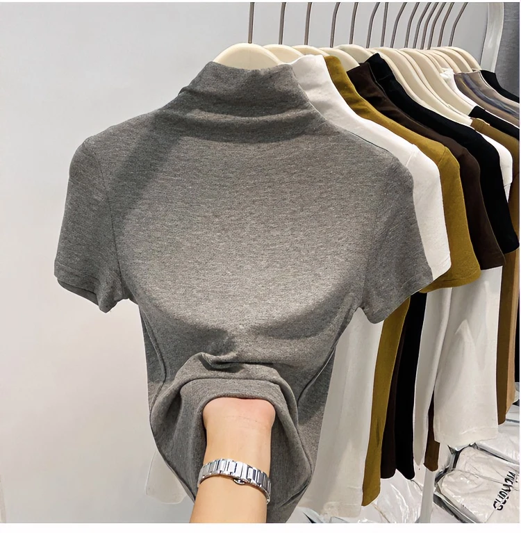 软糯基础款纯色半高领短袖t恤女春秋百搭螺纹打底小衫修身上衣潮