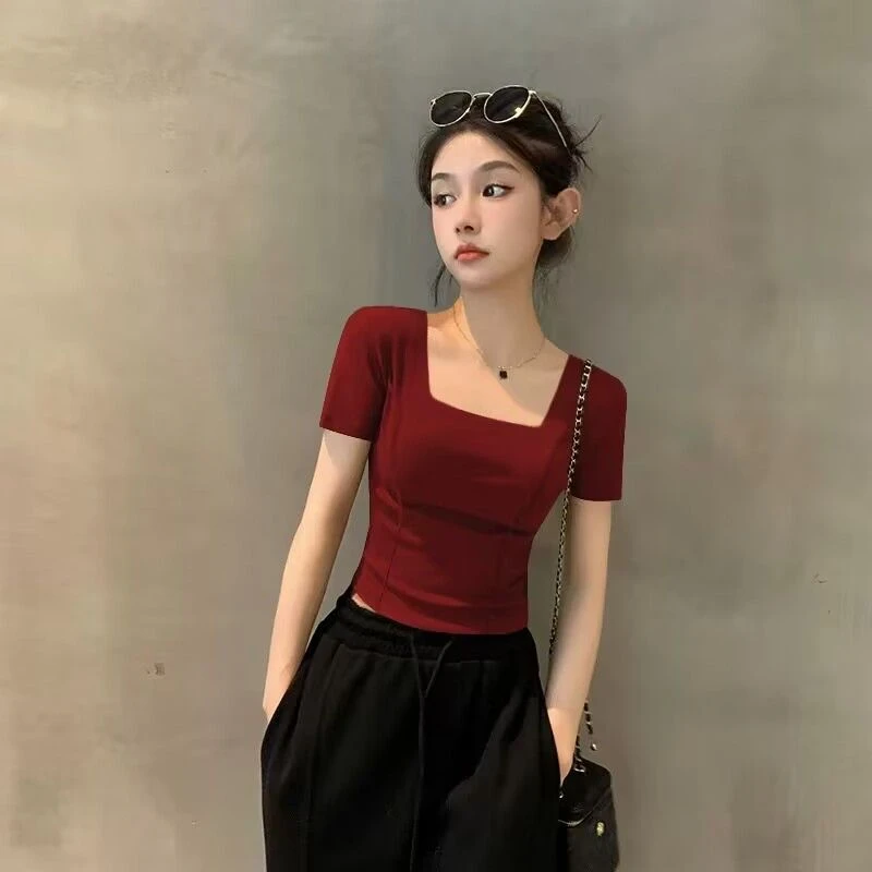 夏季新款方领时尚短袖T恤女紧身短款螺纹鱼骨正肩显瘦气质上衣潮
