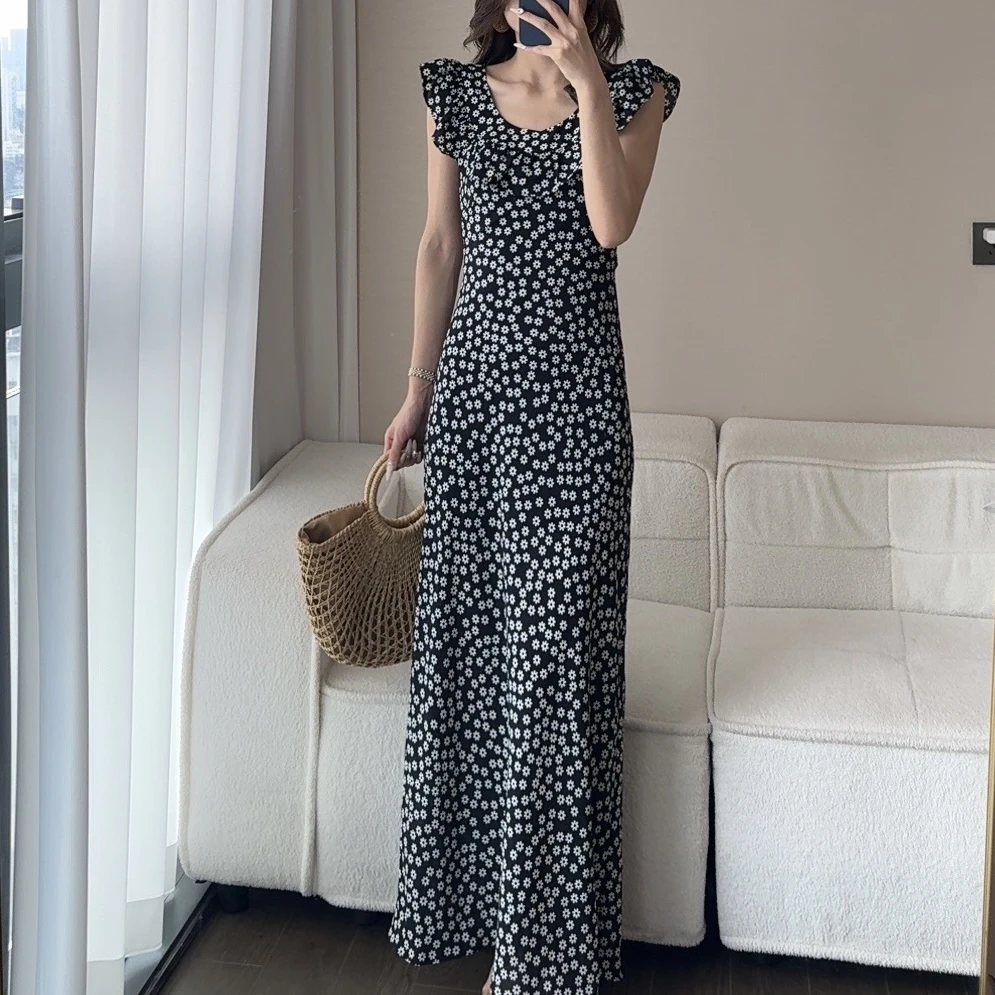 【刘真真森田野园】B0944高腰连衣裙小众中长款修身印花显瘦气质