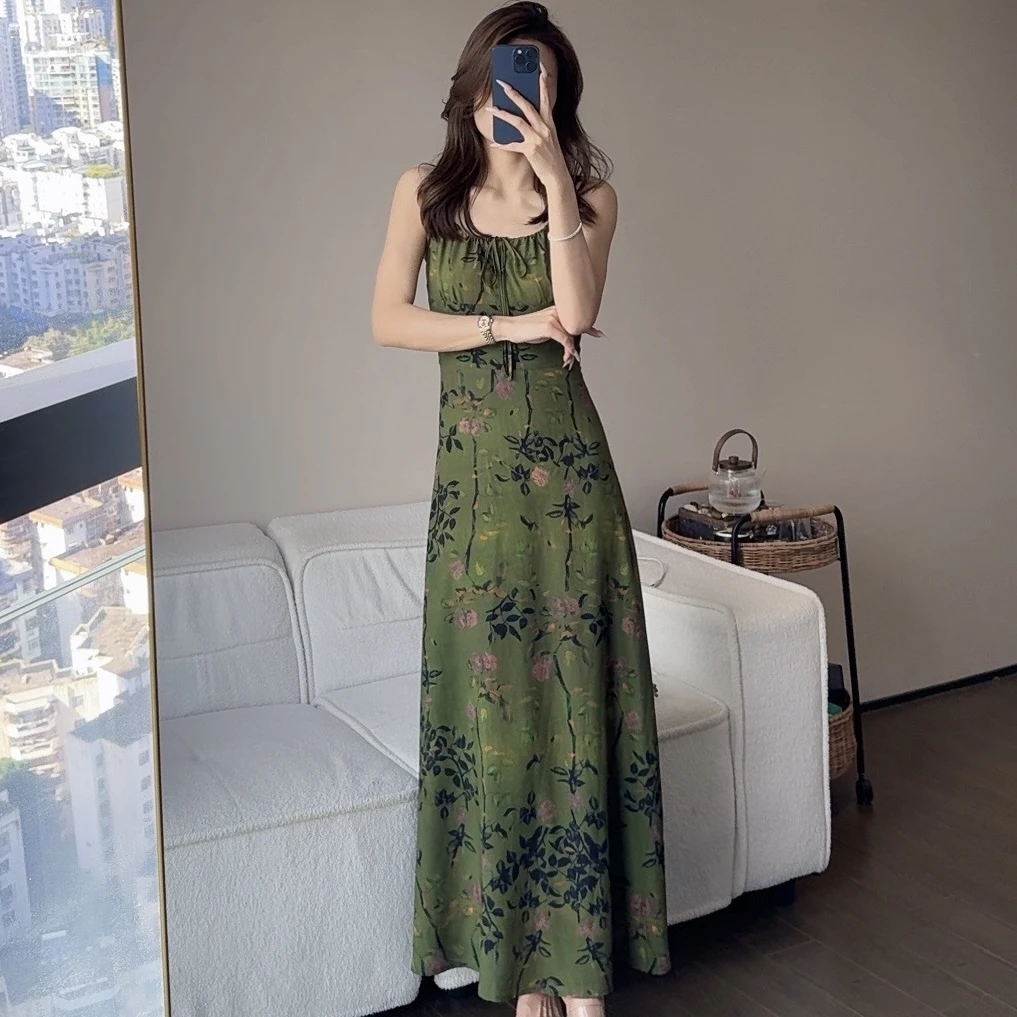 【刘真真禅意东方】B0990 夏季新款墨绿色高级显瘦时尚吊带连衣裙