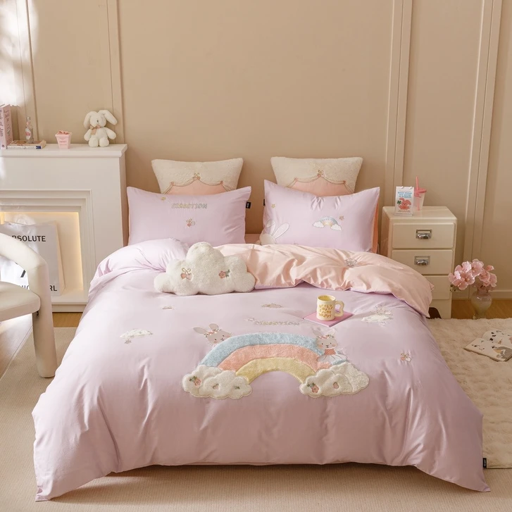 【彩虹奶兔】可爱卡通毛巾绣全棉四件套