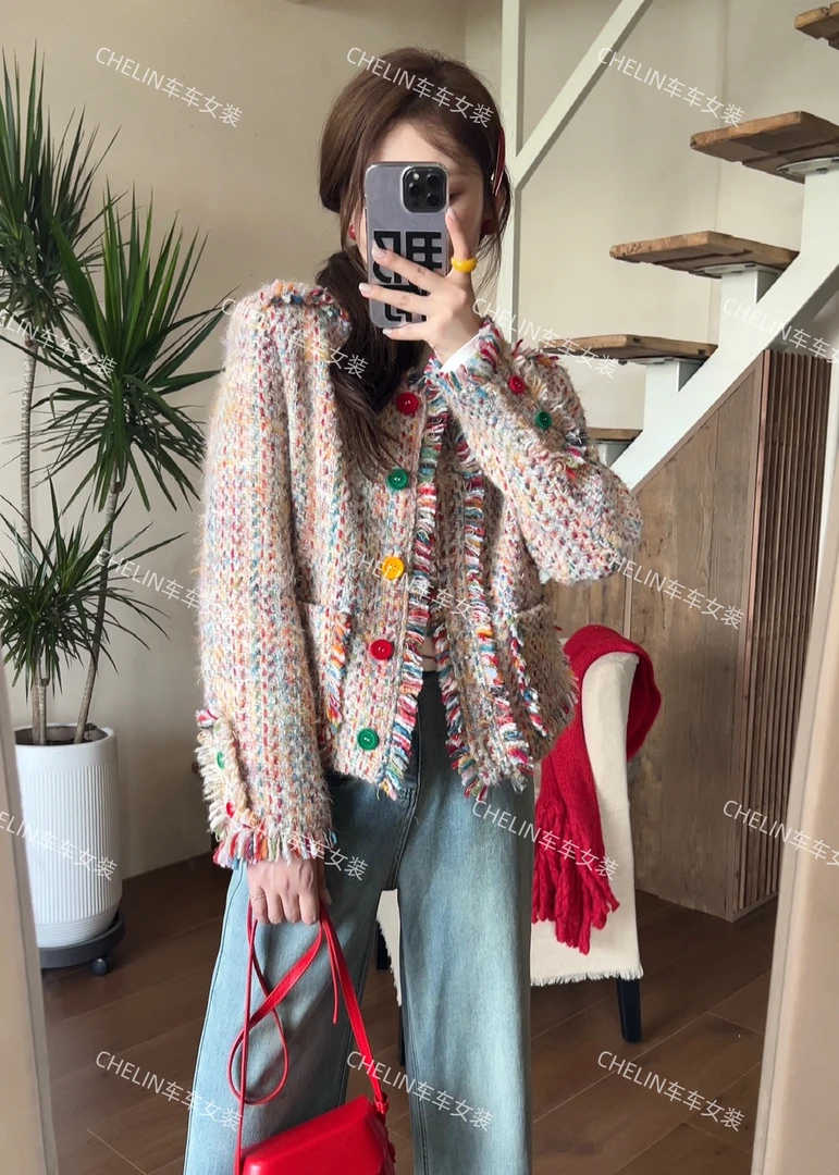 CHECHE【彩虹香香】雅丹秋日新款小香风外套七彩编制时尚百搭秋冬