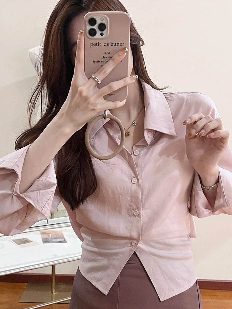 CHECHE【樱花落】2024春季新品粉色韩版长袖衬衫气质显瘦新款上新
