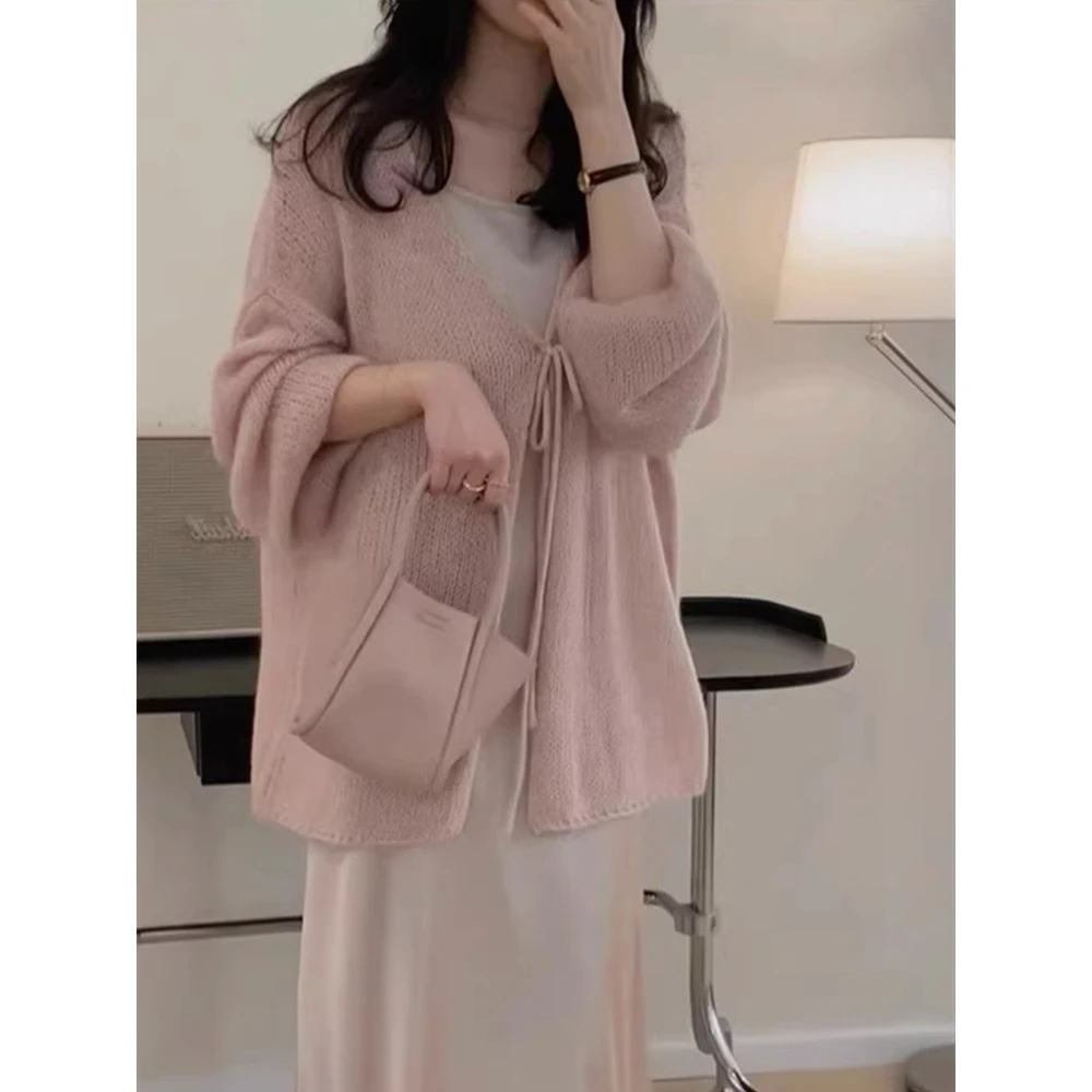 温柔系凡尔赛v领针织开衫女秋冬季高级感软糯马海毛毛衣外套上衣