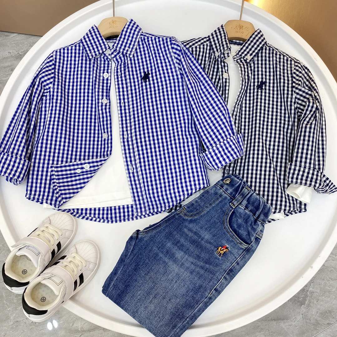 【格调】男童春夏季格子经典百搭长袖翻领衬衫开扣中格子衬衫男童