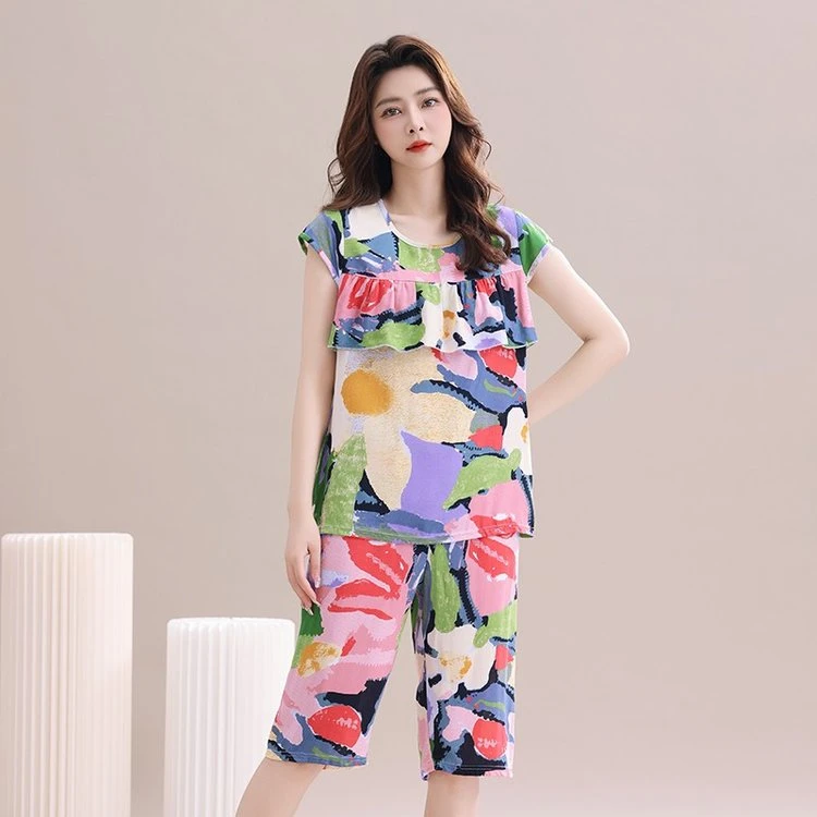 洋气防凸点绵绸睡衣睡衣女套装大码时尚休闲家居服女士夏季