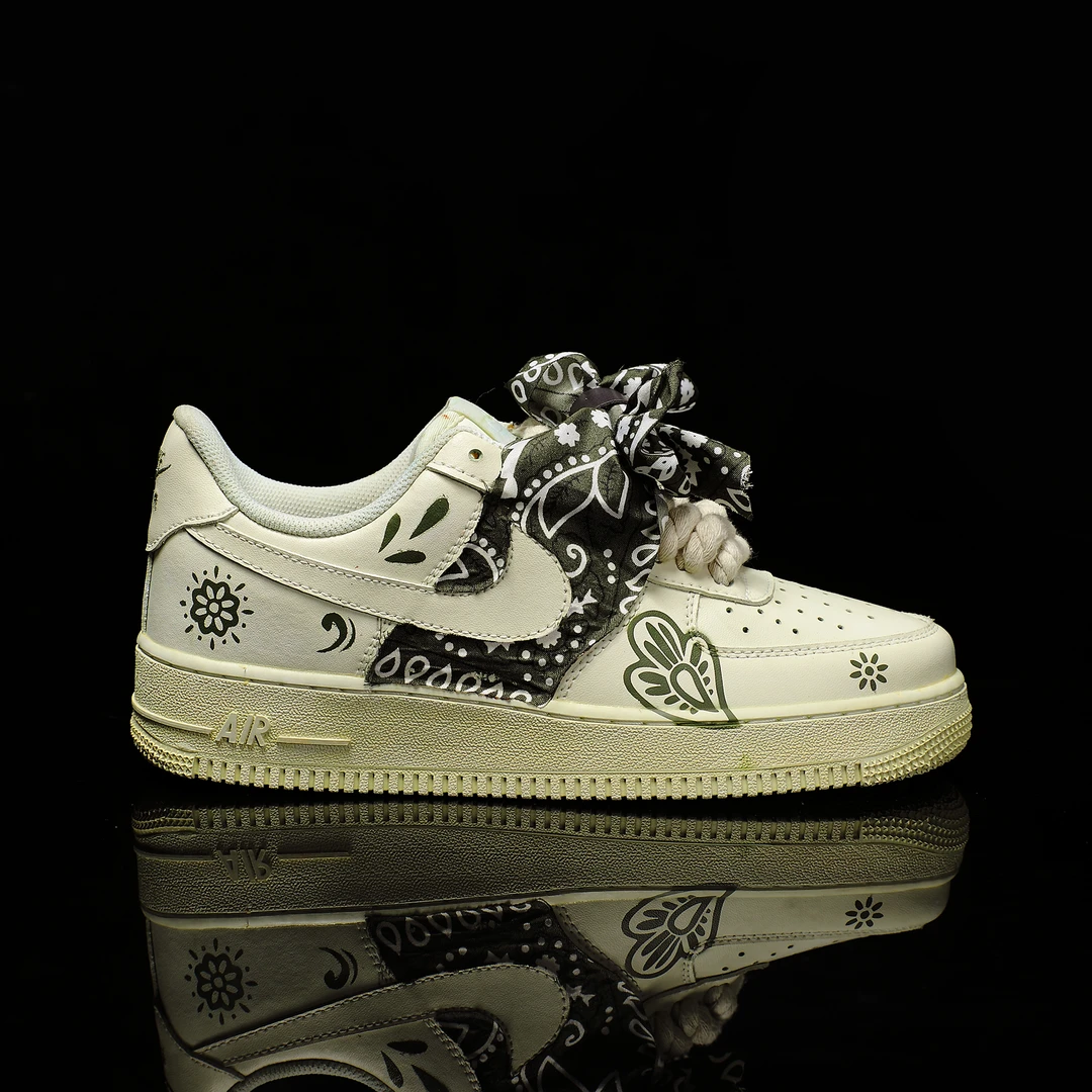 NIKE【定制球鞋】Air Force 1 空军一号手绘潮鞋橄榄绿腰果花男女
