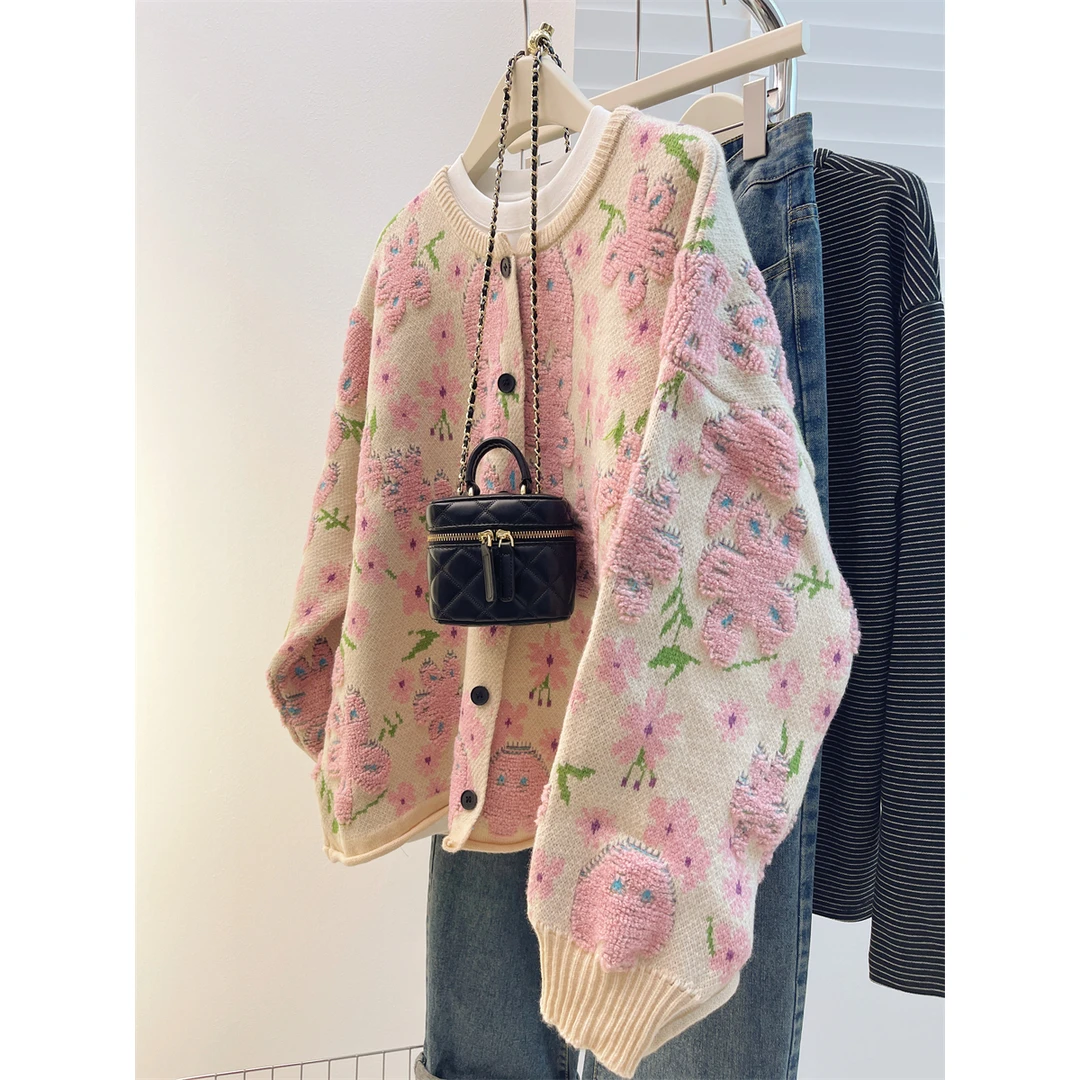 花朵毛衣外套女春新款设计感宽松针织开衫长袖上衣