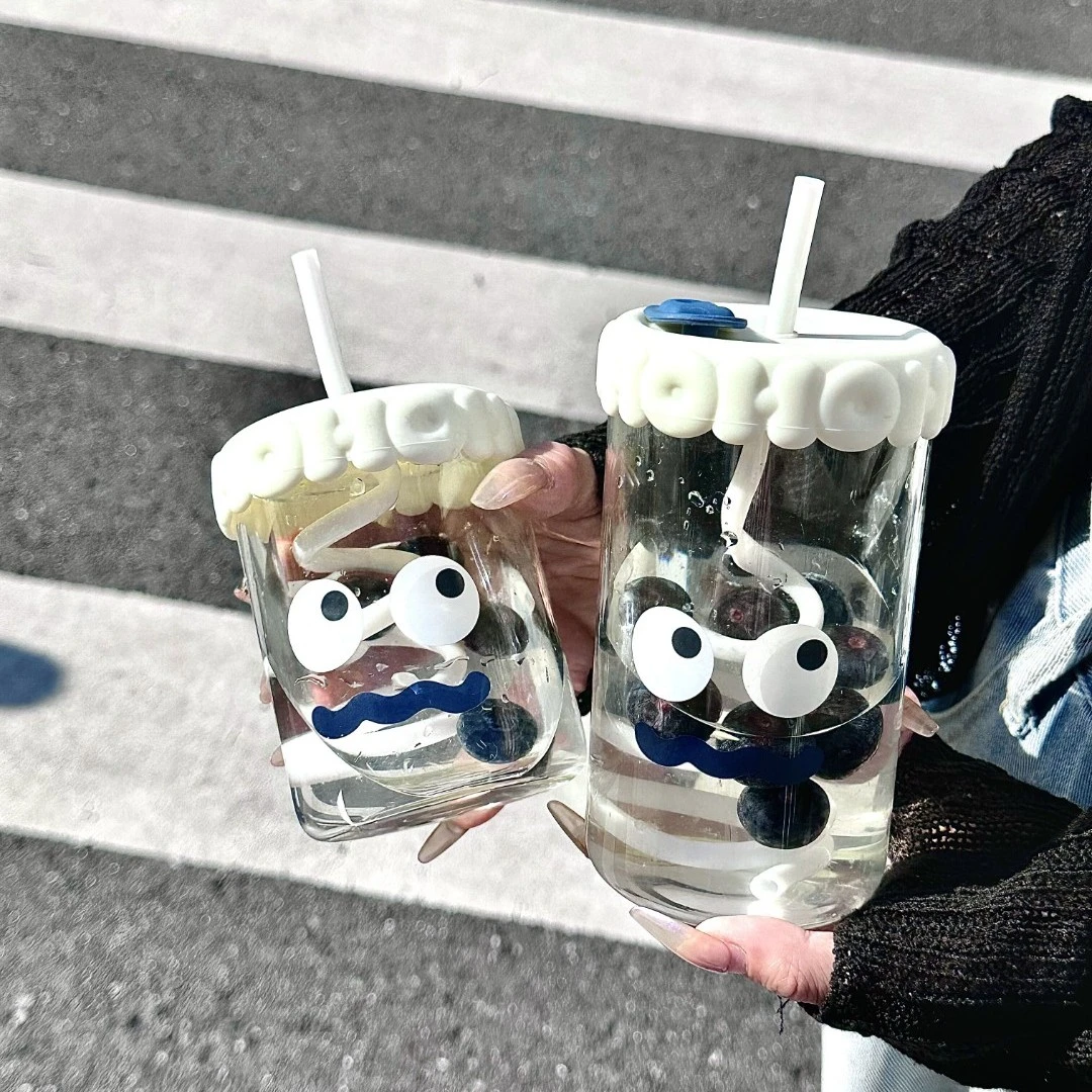 搞怪萌趣杯表情吸管杯女生玻璃奶茶杯办公学生宿舍吸管杯大容量