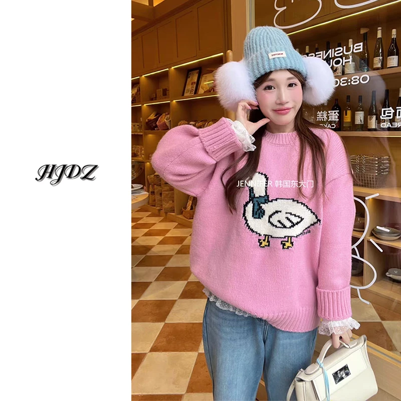 东大门秋冬新款氛围感松驰感休闲大鹅卡通百搭宽松圆领毛衣毛针织