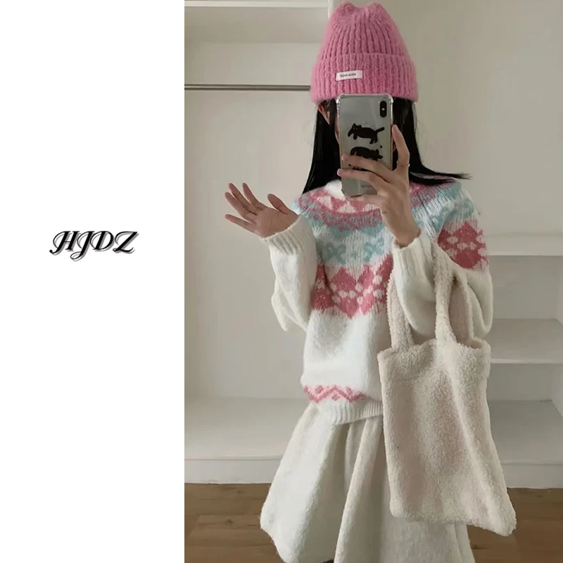 费尔岛复古提花设计感粉色毛衣女秋冬保暖上衣套头针织衫慵懒风
