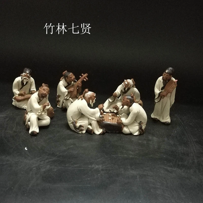 石湾陶瓷竹林七贤一寸二寸雕塑禅意手工装饰庭院假山盆景饰品摆件