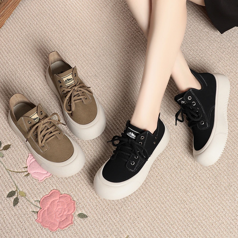 2024春秋季新款老北京布鞋女款时尚松糕厚底韩版软底系带透气百搭