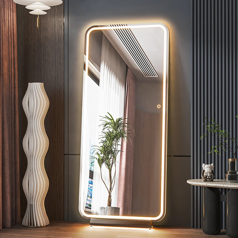 高颜值全身镜落地镜家用带灯轻奢风试衣镜智能实木化妆镜无边框镜