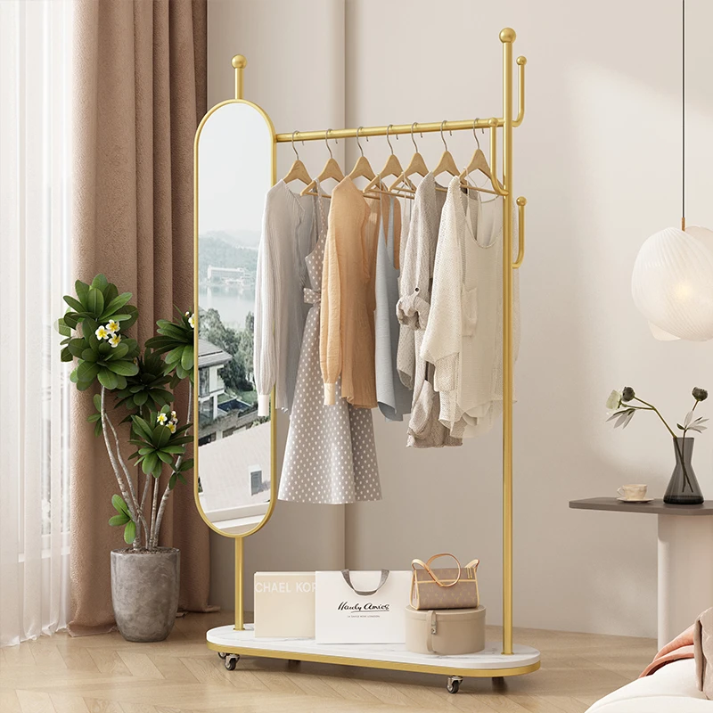 全身镜落地镜家用穿衣镜卧室可旋转移动铁艺带挂衣架一体试衣镜子