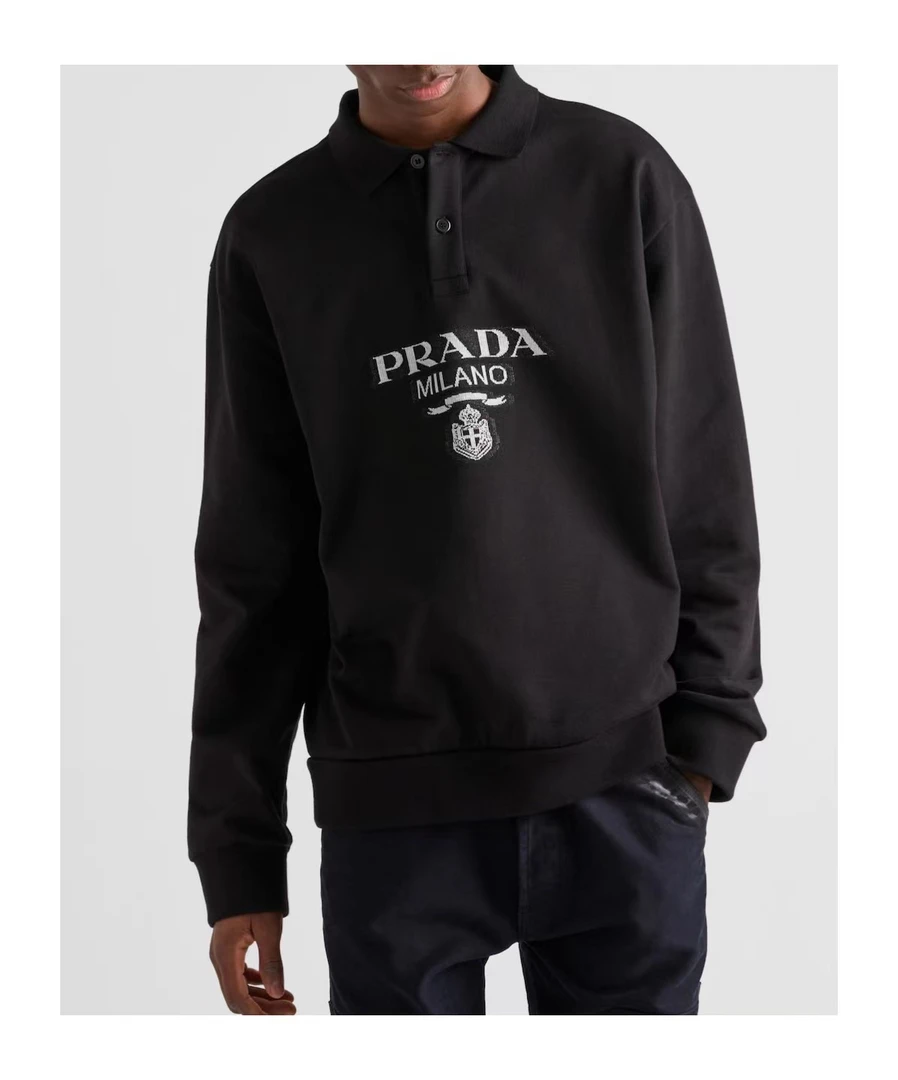全新未使用 Prada/普拉达 经典字母针织纹理POLO领针织卫衣休闲