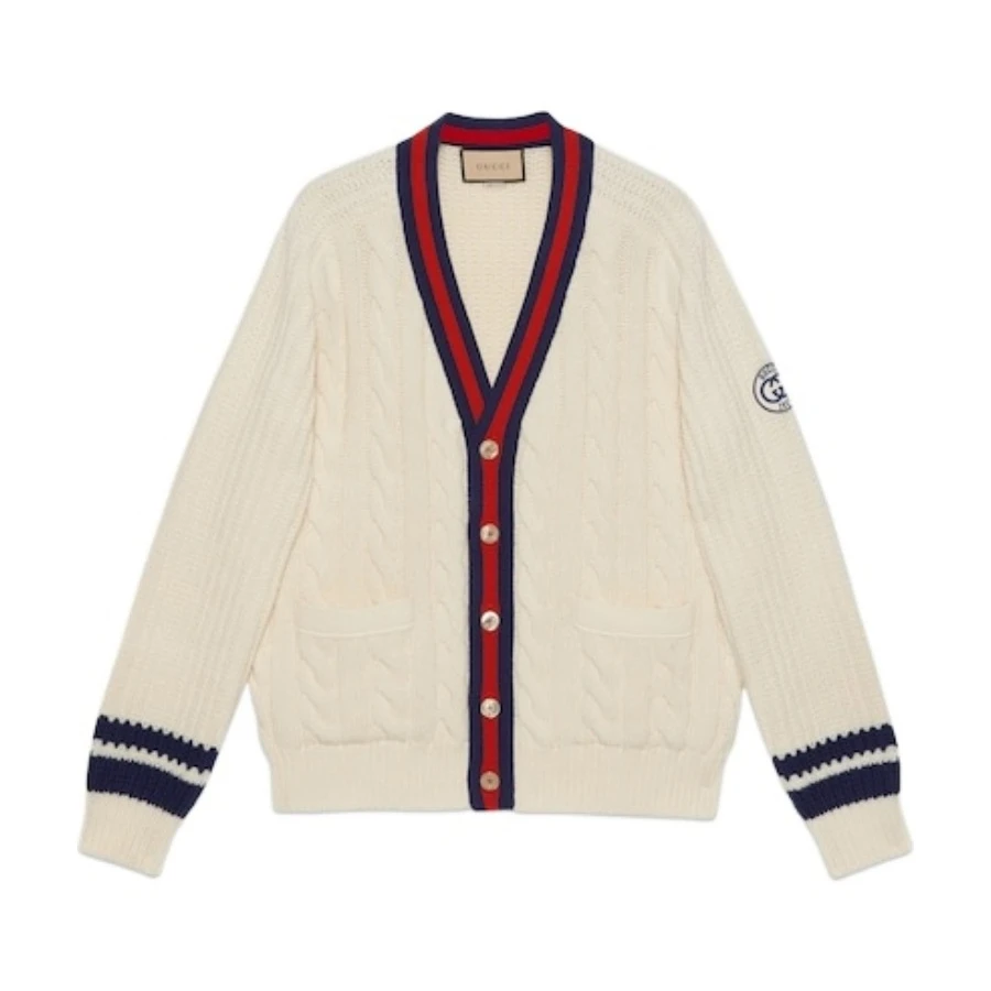 全新未使用 GUCCI/古驰 瑞服 拼色条纹V领单排扣羊毛开衫