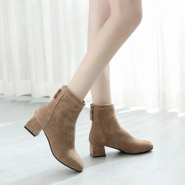 达芙妮牌PU绒面中筒靴靴子橡胶后拉链中跟(3-5cm)圆头时装靴冬季