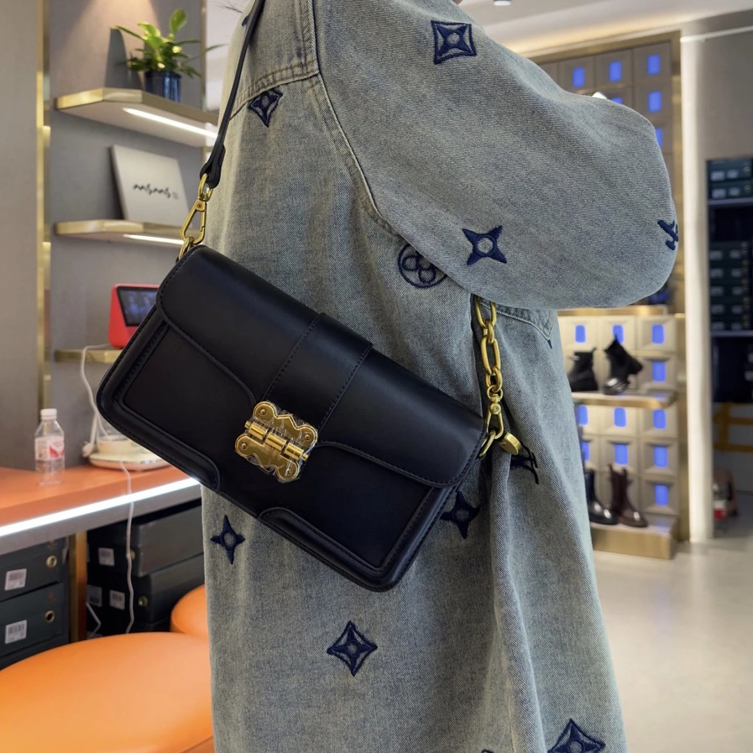 【玛莎玛索】7919女士时尚百搭小众真皮腋下包斜跨包单肩黑色链条包