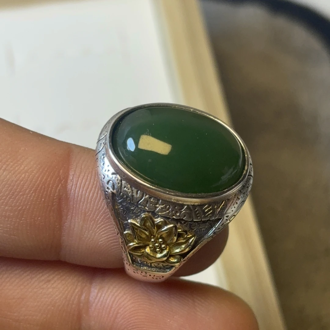 和田玉戒指纯天然和田玉戒指纯银s925镶嵌银戒复古绿色时尚男士