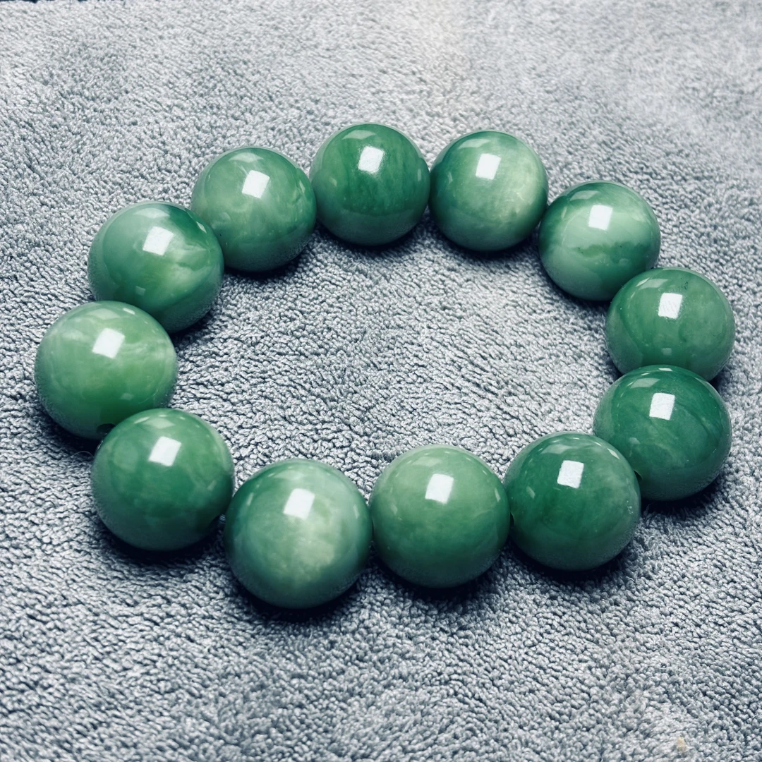 和田玉手链全猫眼碧玉手链19MM玉手串绿色渐变精美菠菜绿