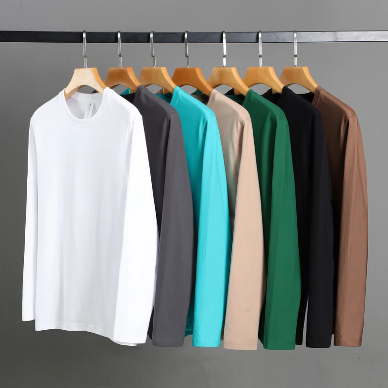 重磅纯棉美式休闲春秋男女同款简约长袖小白T打底圆领百搭 打底衫
