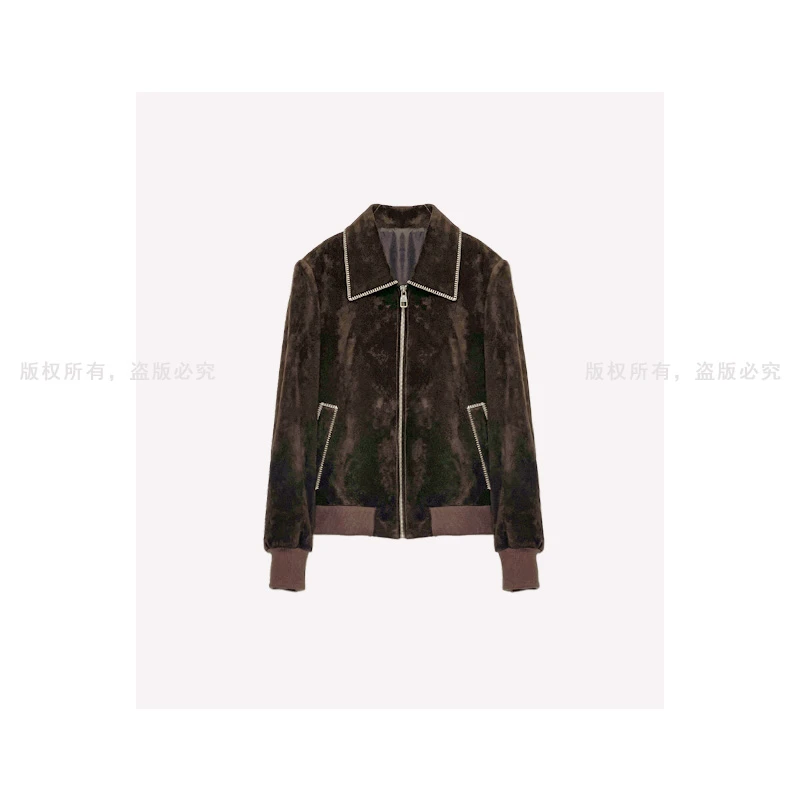 PIPI24新款真皮反绒翻领皮夹克 明线设计 气质短款外套女 09ON694