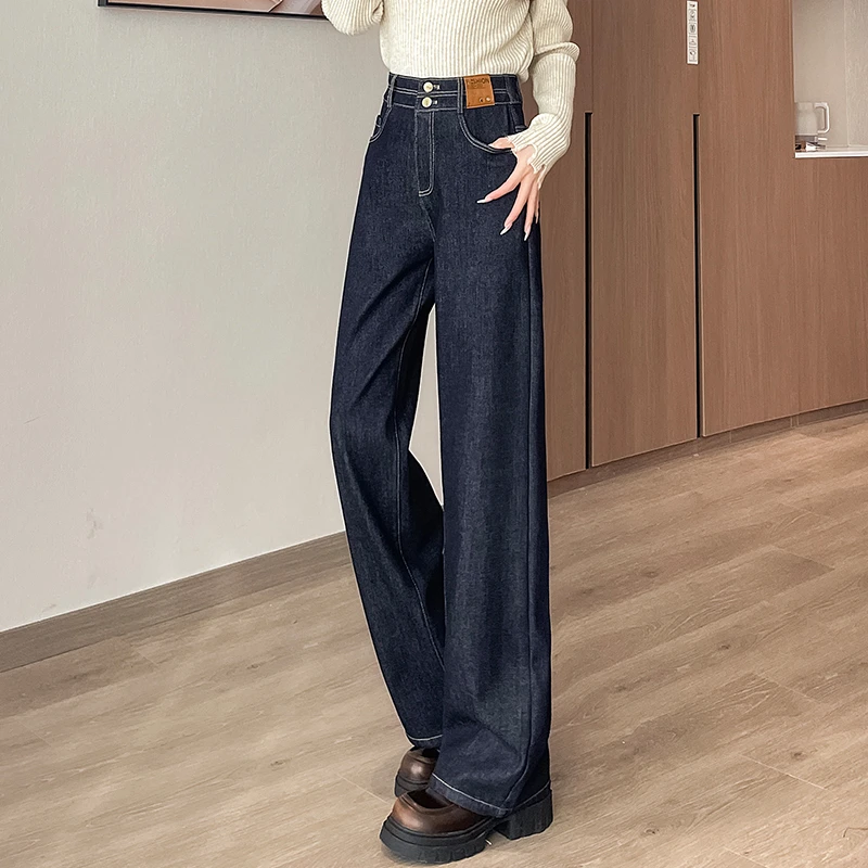 加绒加厚阔腿牛仔裤女秋冬新款高腰显瘦垂感休闲丹宁蓝窄版直筒裤