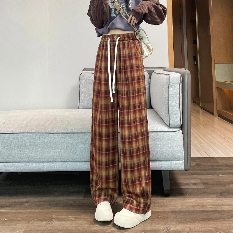 复古红格子阔腿裤女2024秋季新款显瘦窄版直筒裤高腰慵懒休闲裤子
